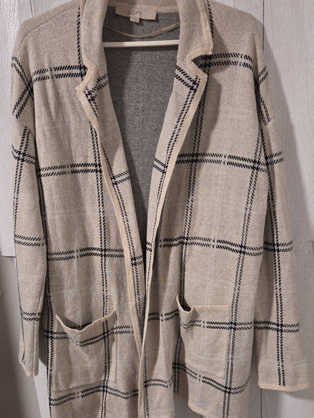 LOFT Beige Plaid Open-Front Blazer Cardigan